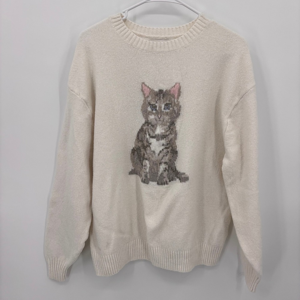 Hollister Cat Graphic Sweater Womens Medium Cream Excellent Relaxed Pullover